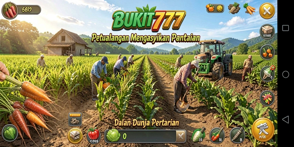 Screenshot gameplay BUKIT777 menunjukkan lahan pertanian yang subur dan menyenangkan.