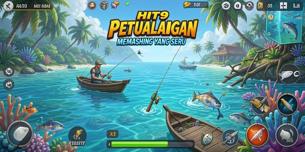 Screenshot gameplay HIT9 saat menangkap ikan besar di laut.