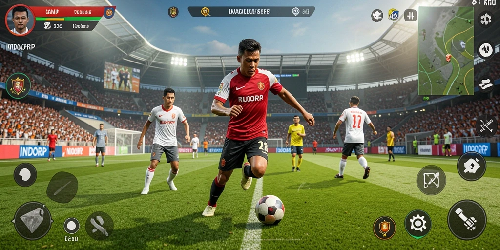Screenshot gameplay INDORP menampilkan aksi mendebarkan dalam pertandingan sepak bola.