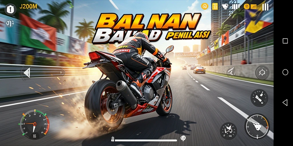 Tampilan gameplay seru dalam J200M dengan balapan motor yang menegangkan.