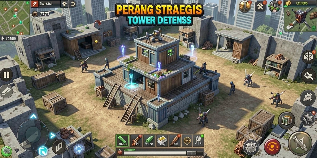 Screenshot gameplay L777 dengan tampilan serangan menara yang epik.