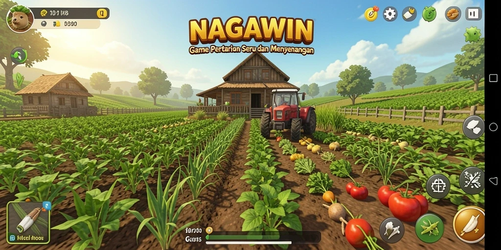 Screenshot gameplay NAGAWIN dengan tampilan ladang yang hijau dan subur.