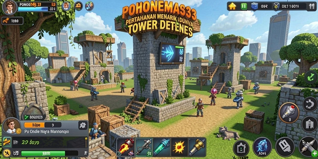 Tampilan utama gameplay POHONEMAS33 dalam pertempuran Tower Defense.