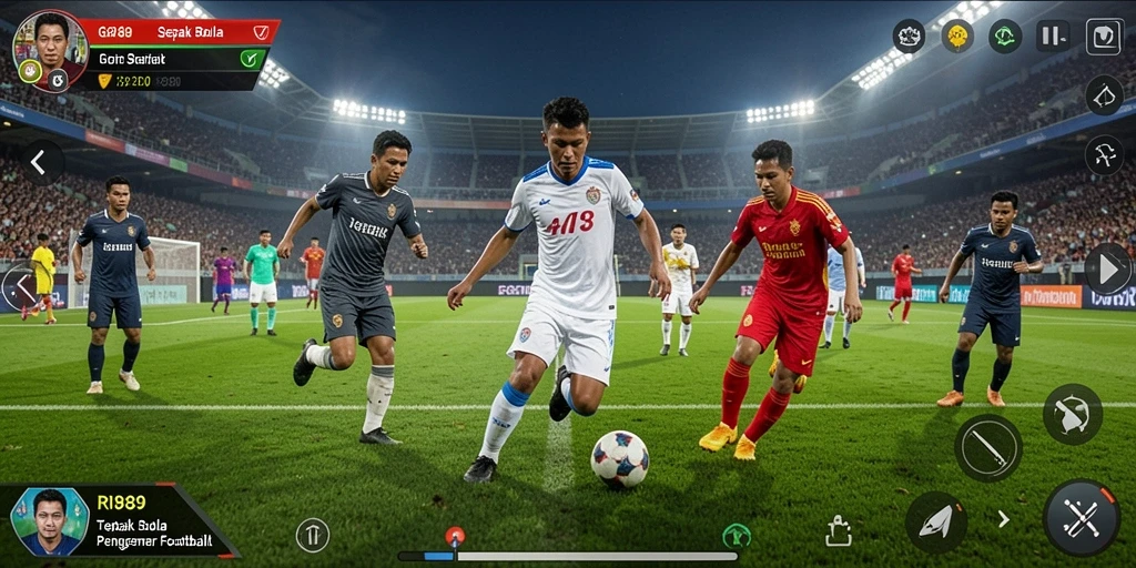 Screenshot gameplay RI889 menampilkan aksi seru di lapangan sepak bola.