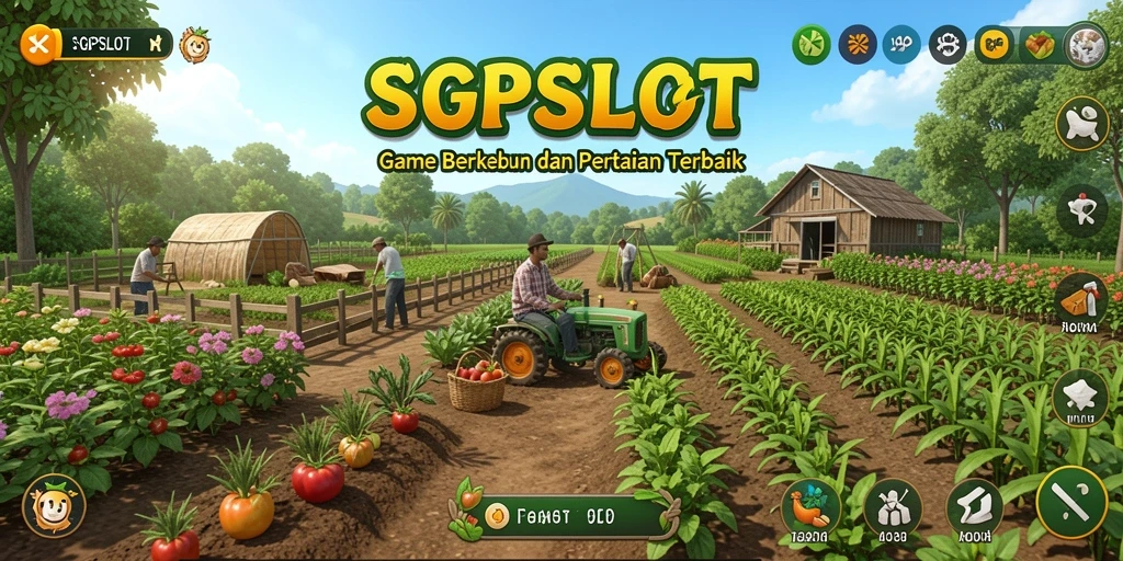 Screenshot gameplay SGPSLOT menampilkan kebun yang rimbun dan hewan ternak yang sehat.