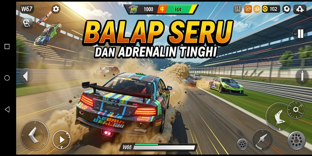 Tampilan gameplay W67 yang penuh aksi dan mendebarkan dengan mobil balap.